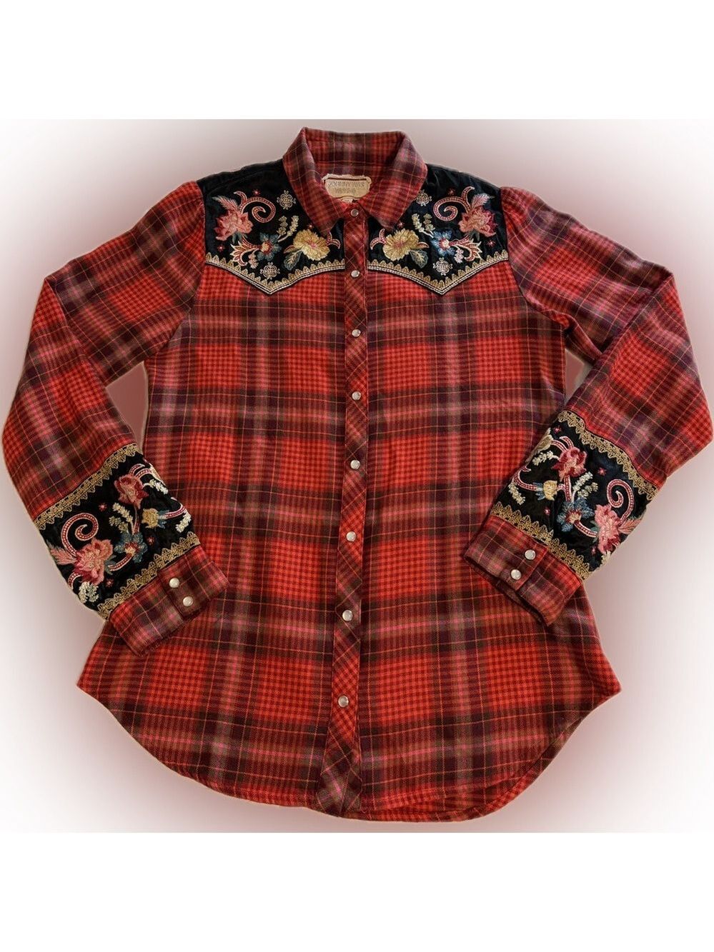 Johnny Was Esme Embroidered Western Pearlsnap Shirt Red Plaid Rodeo Women's XXS - Picture 2 of 14